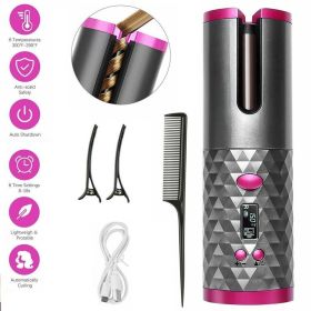 Electric LCD Display Automatic Rotating Cordless Hair Curler Fast Curling Iron Tongs Portable USB Rechargeable With Comb Safe USB Cordless Automatic R