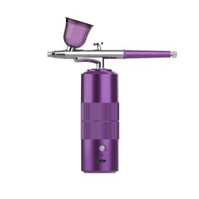 Oxygen Injector Mini Air Compressor Kit Air-Brush Paint Spray Gun Airbrush For Nail Art Tattoo Craft Cake Nano Fog Mist Sprayer (Color: Purple)