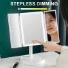 Rechargeable Foldable Makeup Mirror With LED Light 360° Adjust Wireless 1-3X Magnifying 3 Tone Light Desktop Vanity Table Mirror